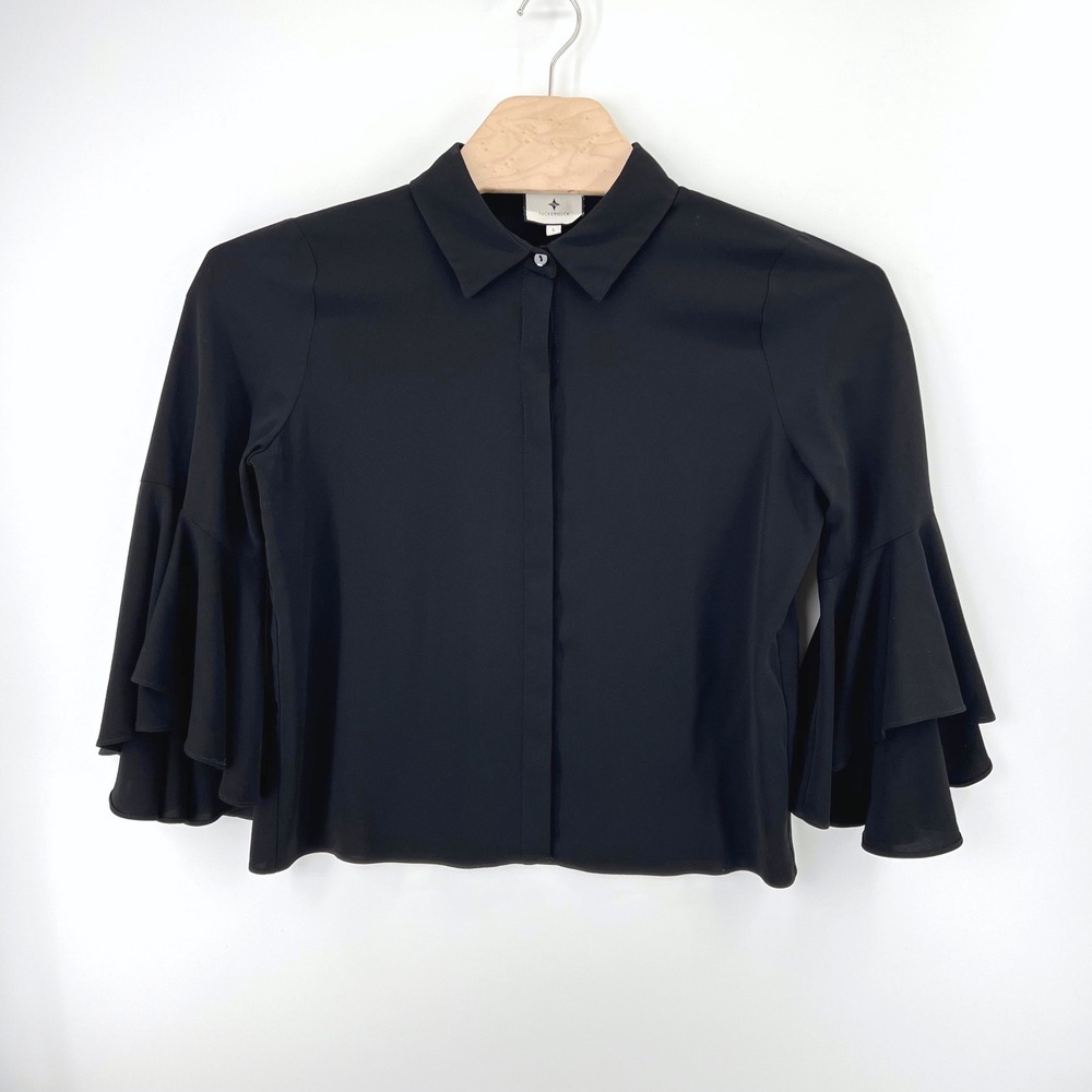 Tuckernuck Norah Ruffle Bell Sleeve Blouse Size L Black Quiet Luxury Minimalist